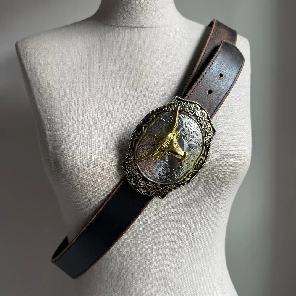 Longhorn Western Buckle Italian Vera Pelle Leather Belt XL 39-42